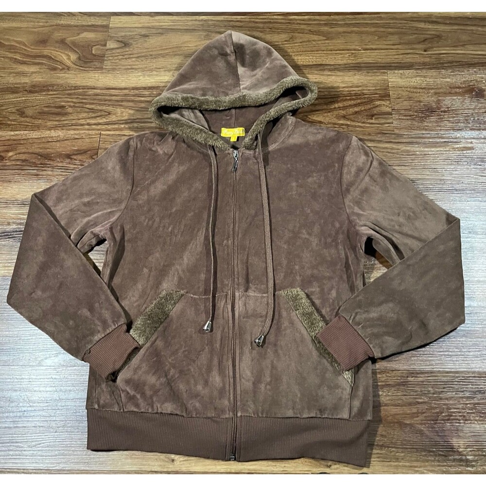 Pretty Birds Velvet Faux Fur Zip Jacket Hooded Track Lounge Brown Womens L